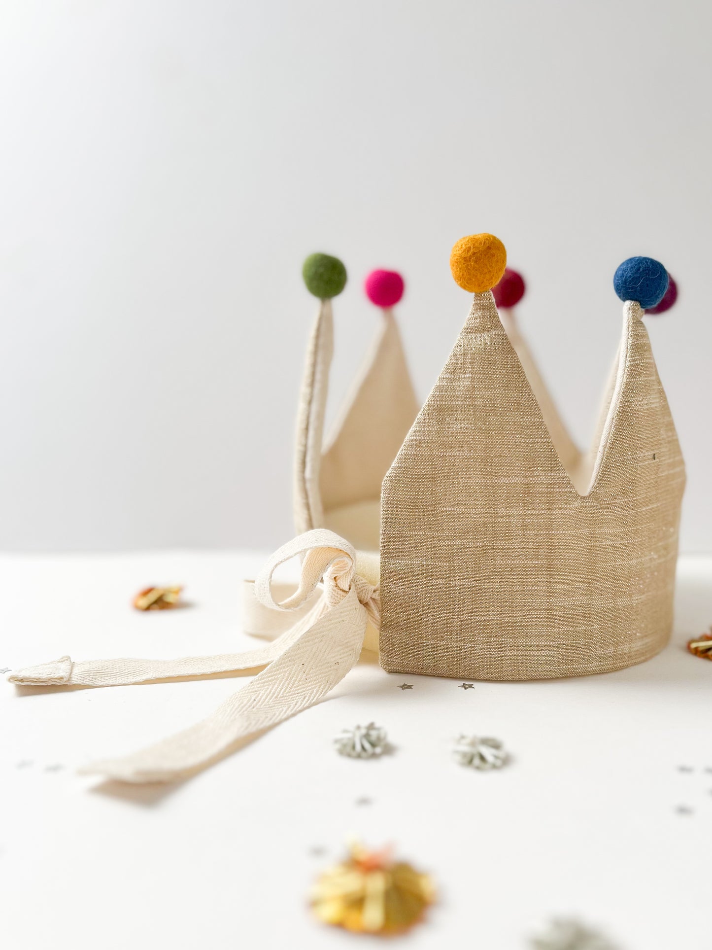 Gold Sparkle Linen Crown with Pom poms