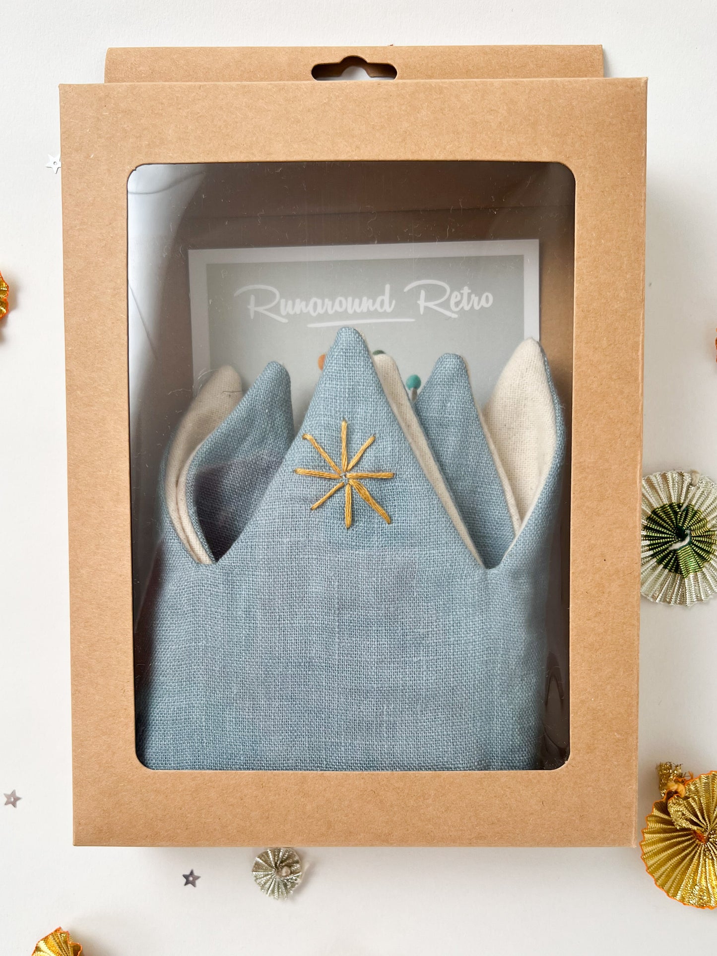 Heirloom Party Crown Blue Linen with Gold Stars