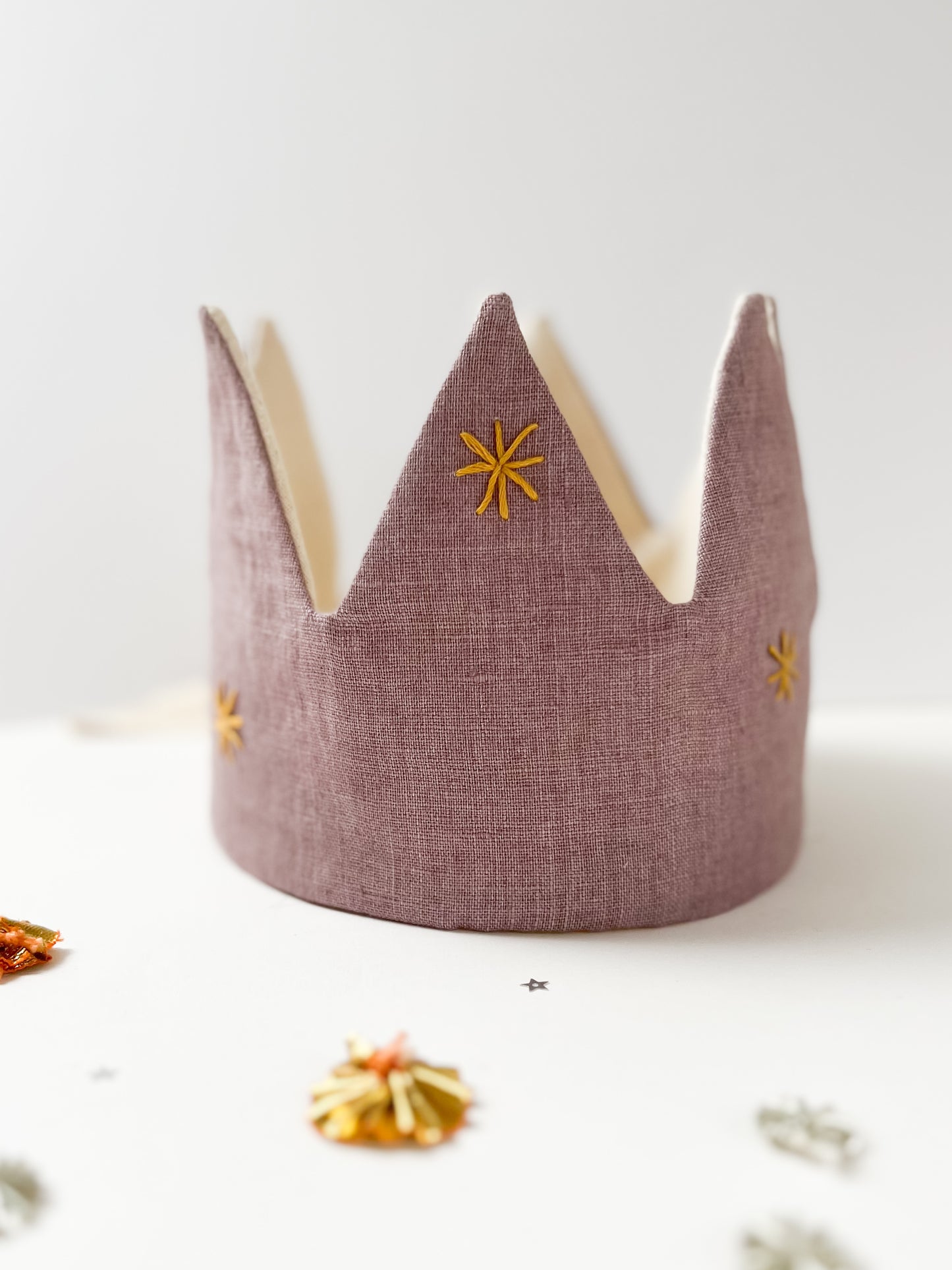 Heirloom Party Crown Lilac Linen with Gold Stars