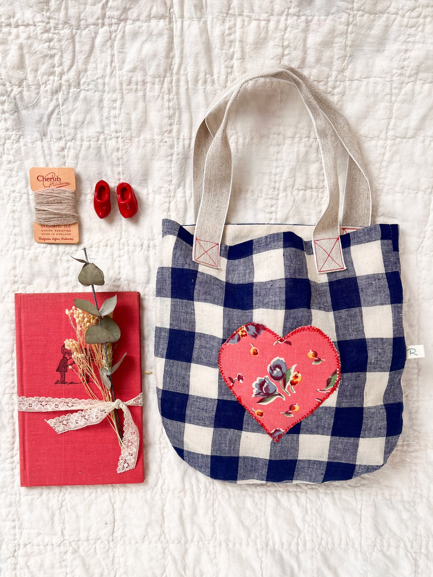 Blue Gingham Bag with Vintage Fabric Heart