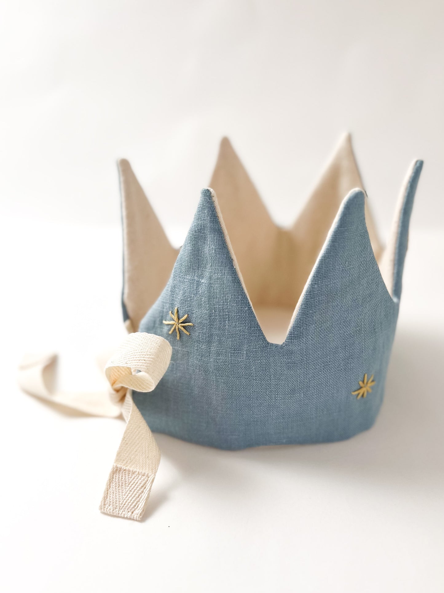 Heirloom Party Crown Blue Linen with Gold Stars
