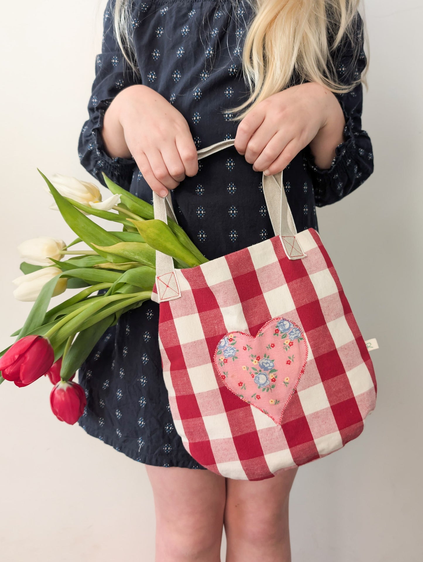 Red Gingham Bag with Vintage Floral Heart
