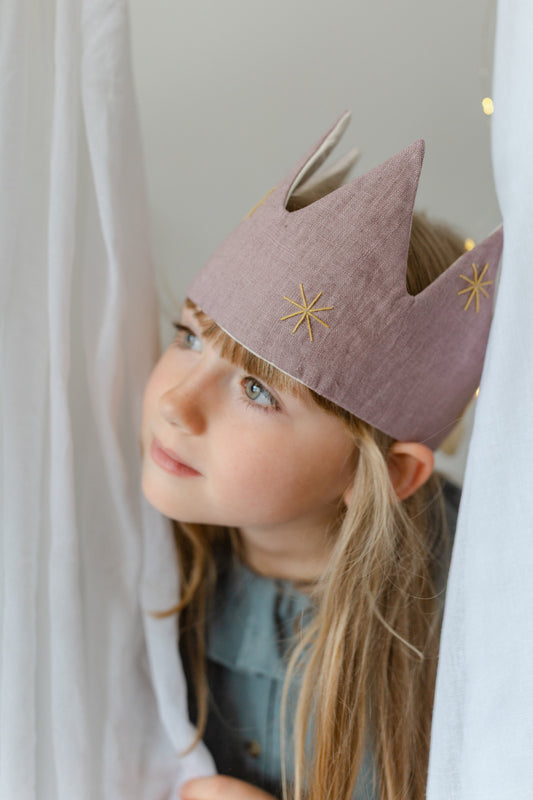 girl with lilac linen birthday crown