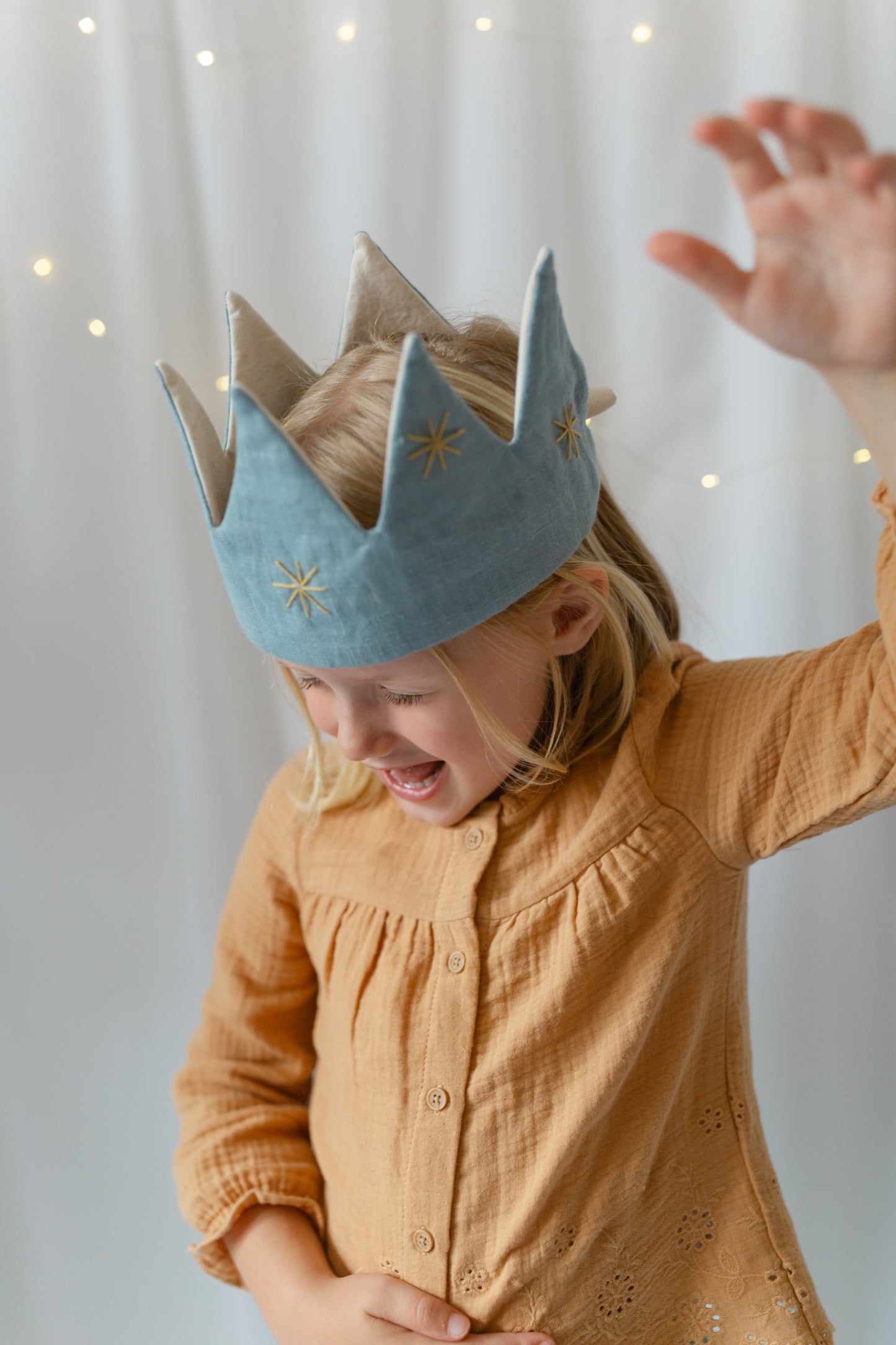 Heirloom Party Crown Blue Linen with Gold Stars