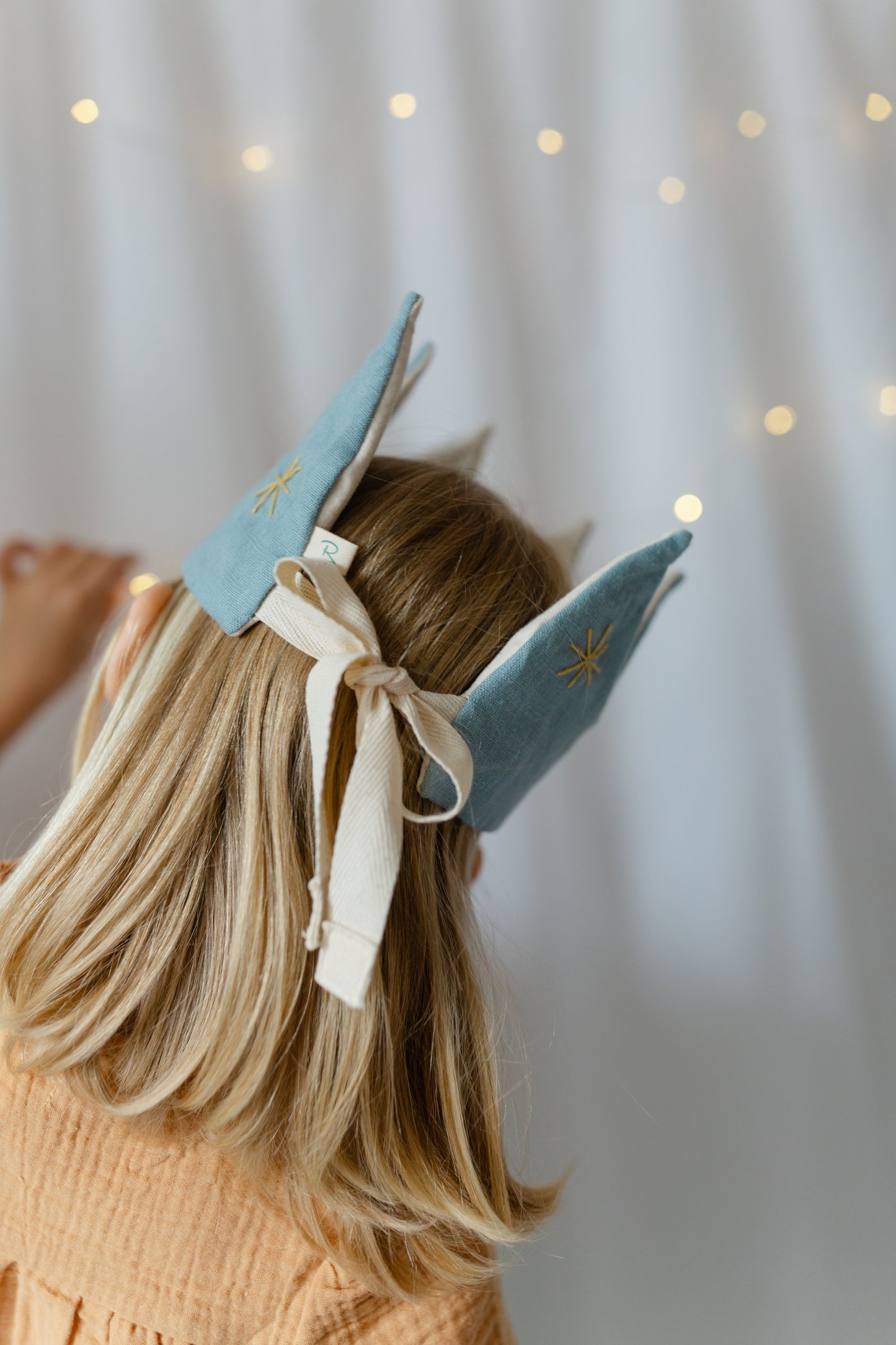 Heirloom Party Crown Blue Linen with Gold Stars