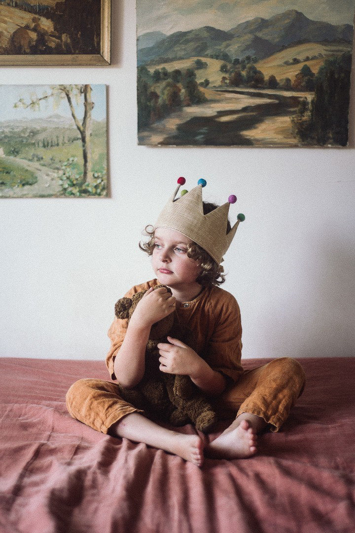 Gold Sparkle Linen Crown with Pom poms