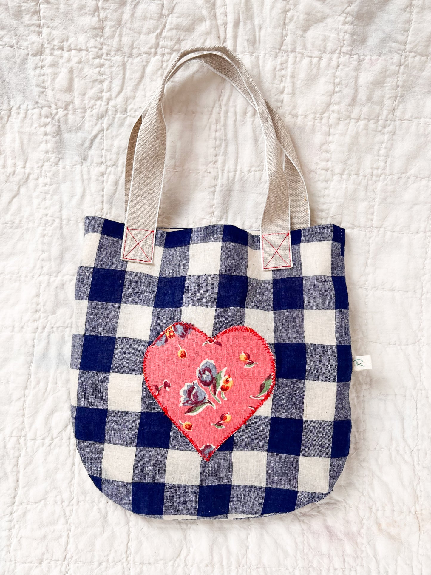 Blue Gingham Bag with Vintage Fabric Heart