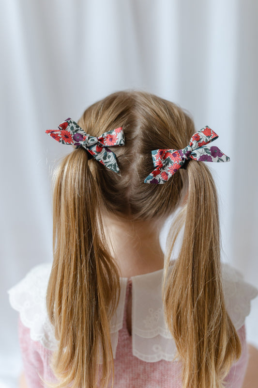 Pig Tail Bow Set in Liberty Poppy and Daisy