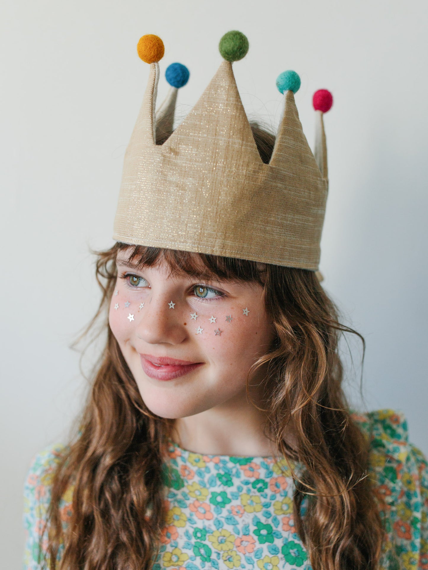 Gold Sparkle Linen Crown with Pom poms