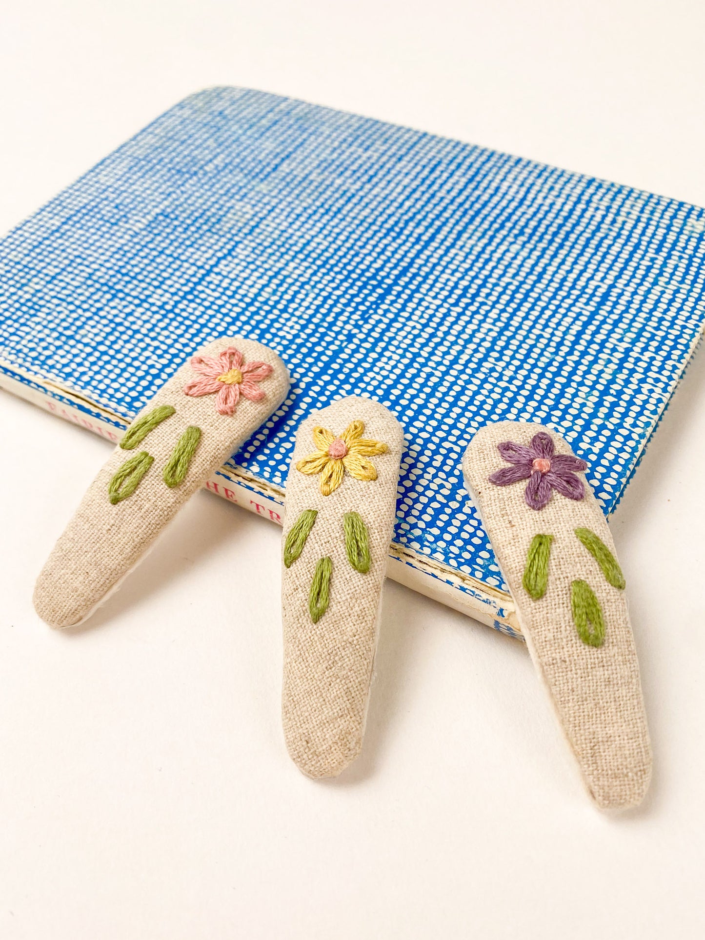 Embroidered Hair Clips ~ Biscuit Linen