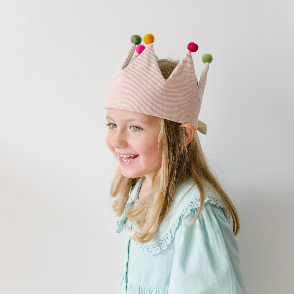 Pink Corduory Crown with Pom Poms