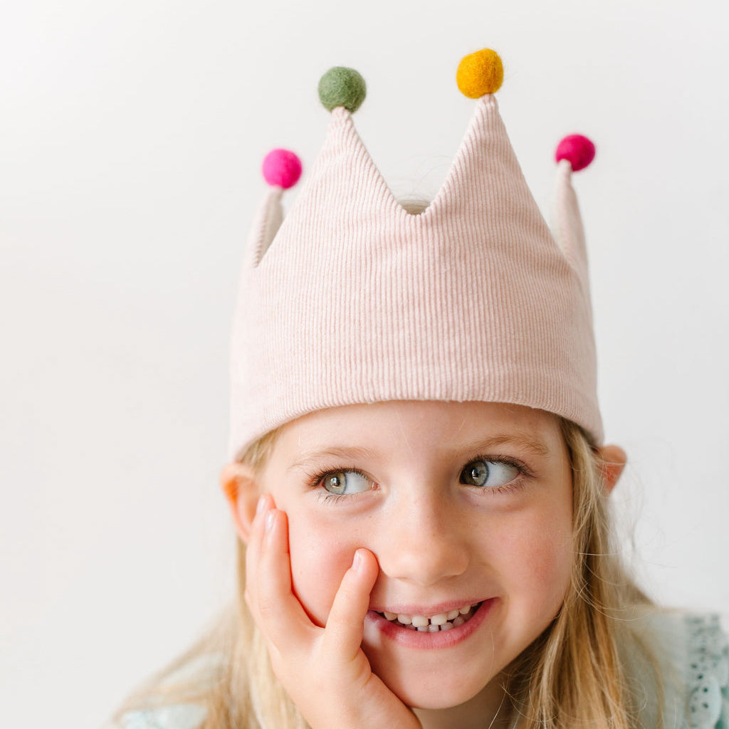 Pink Corduory Crown with Pom Poms