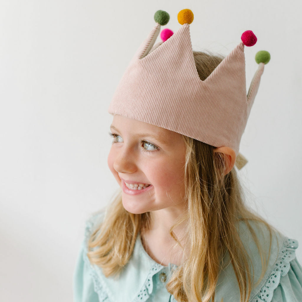 Pink Corduory Crown with Pom Poms