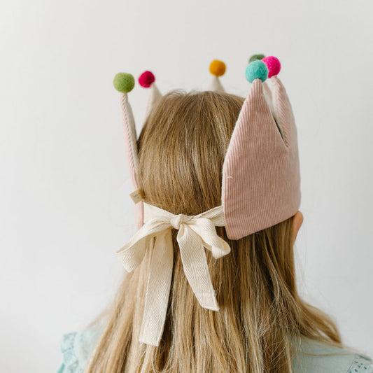 Pink Corduory Crown with Pom Poms
