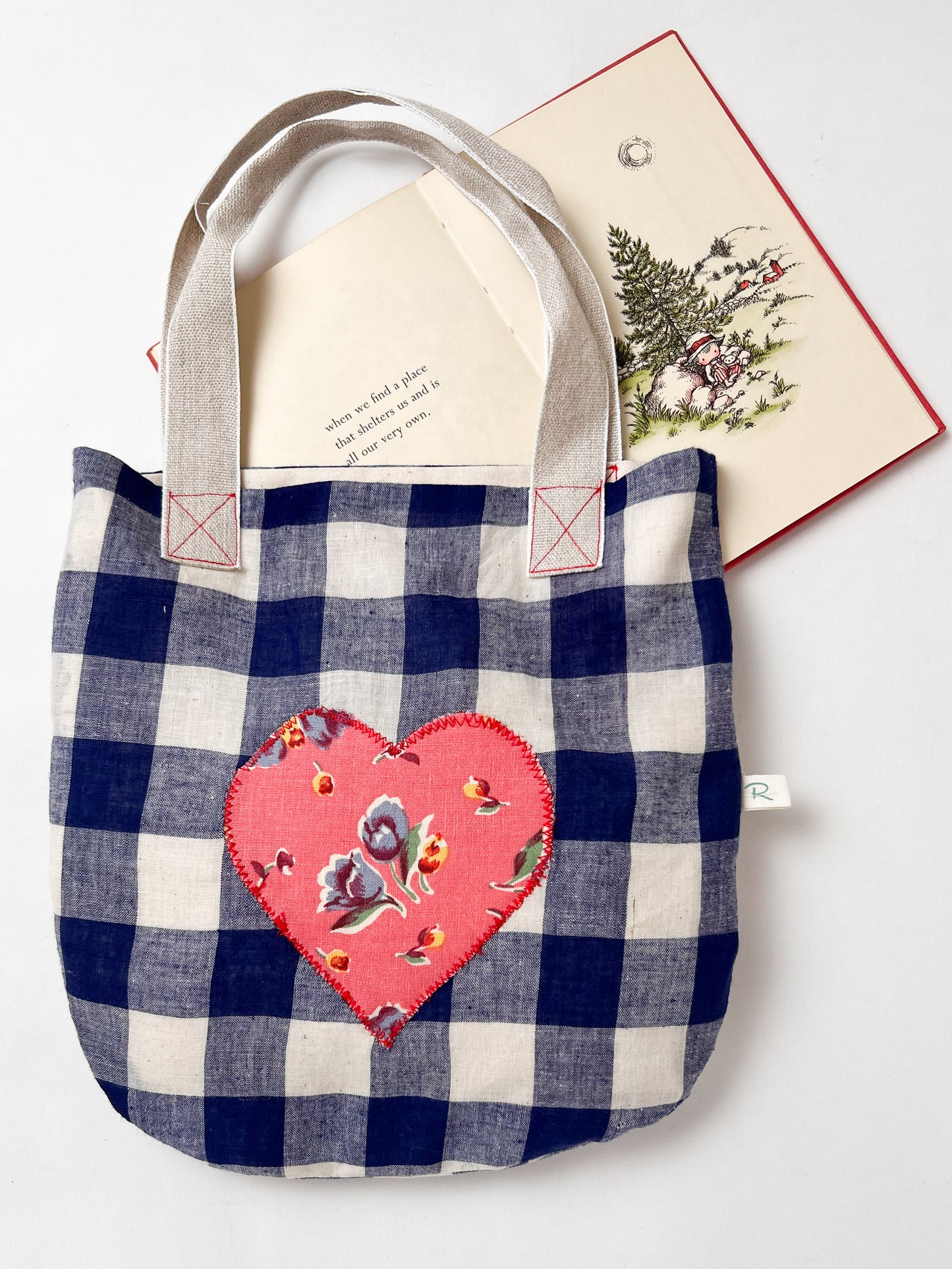 Blue Gingham Bag with Vintage Fabric Heart