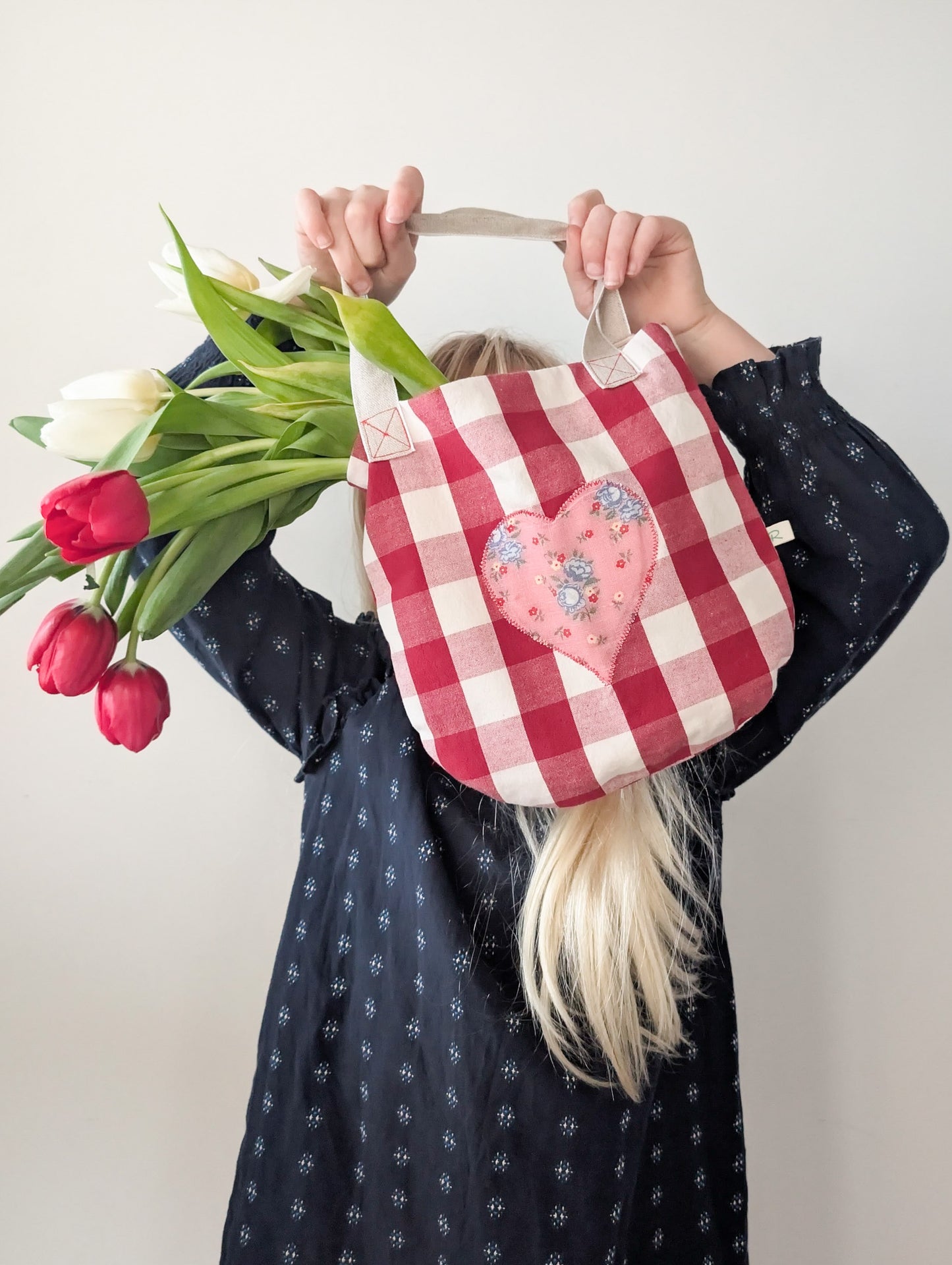 Red Gingham Bag with Vintage Floral Heart