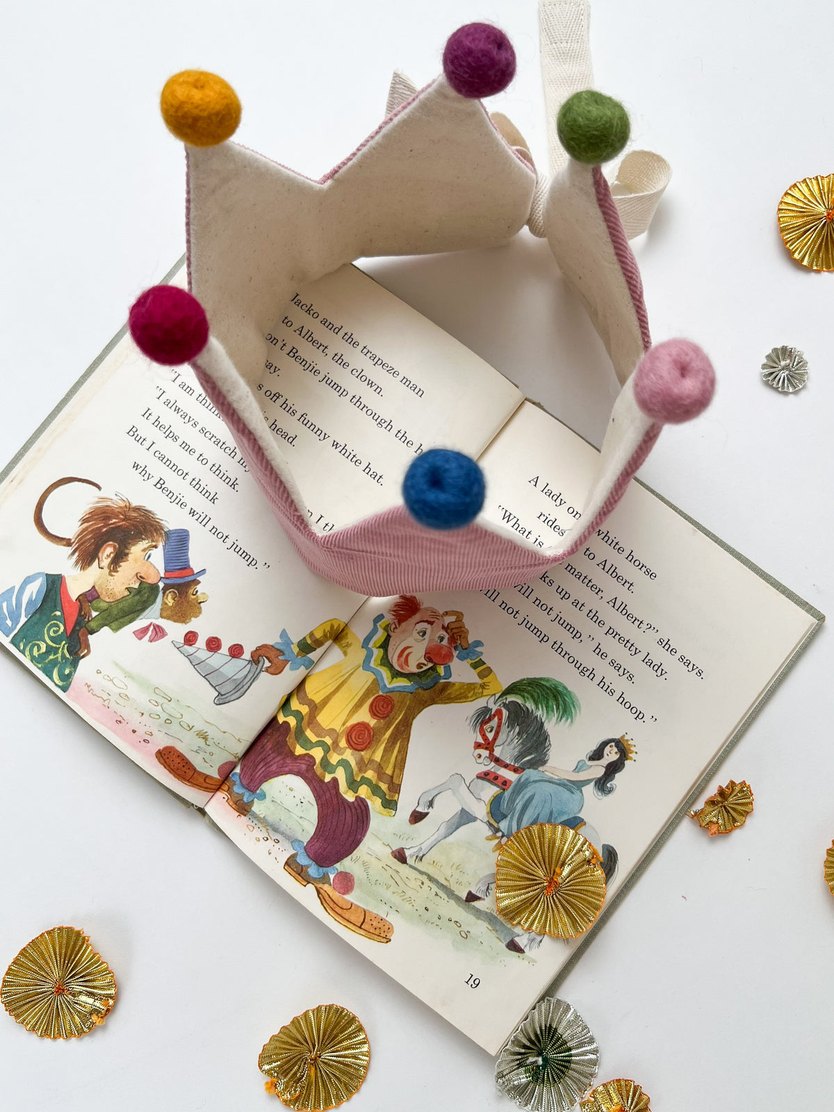 Pink Corduory Crown with Pom Poms