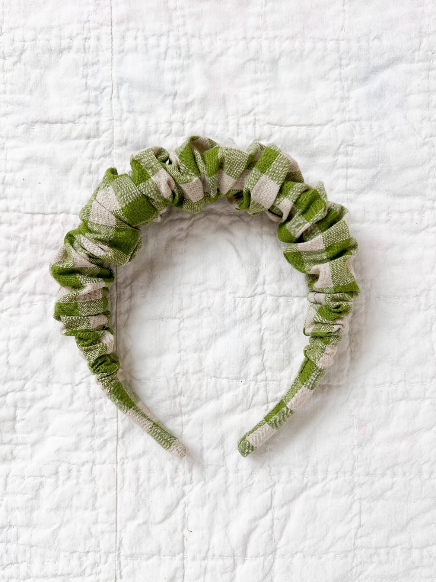 Ruffled Hairband Moss Green Check Linen