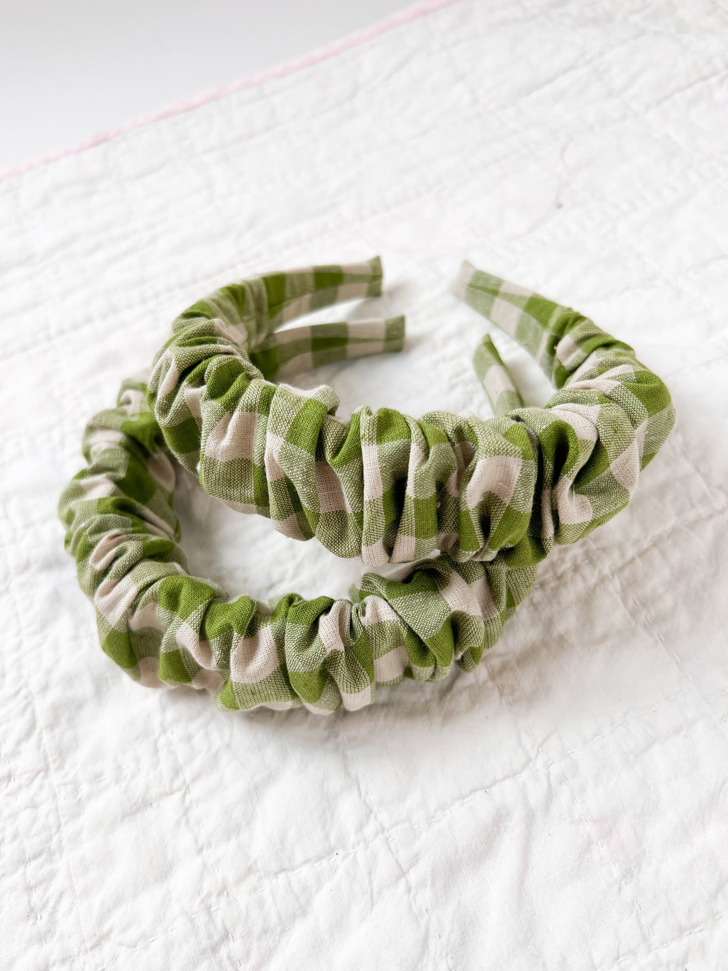 Ruffled Hairband Moss Green Check Linen